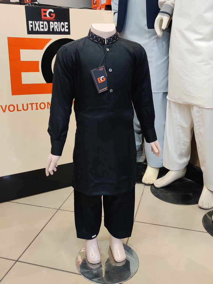 Royal Jet Black Embroidered Kids - Kameez Shalwar