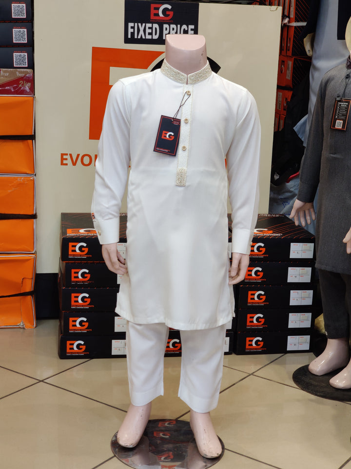 Royal Off-White Embroidered Kids - Kurta Pajama