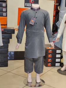 Charcoal Grey Blended Embroidered Kids - Kameez Shalwar