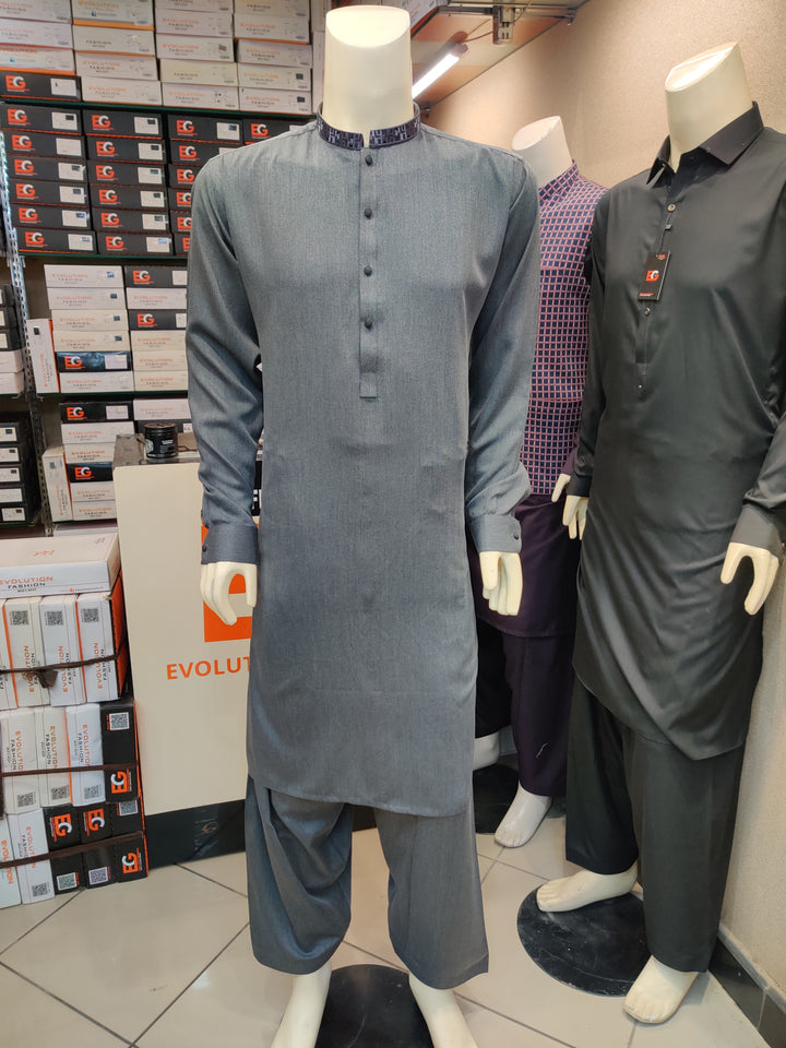 Charcoal Grey Blended Embroidered - Kameez Shalwar