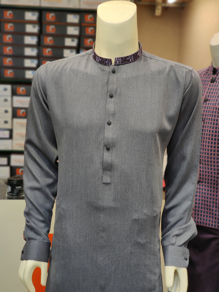 Charcoal Grey Blended Embroidered - Kameez Shalwar