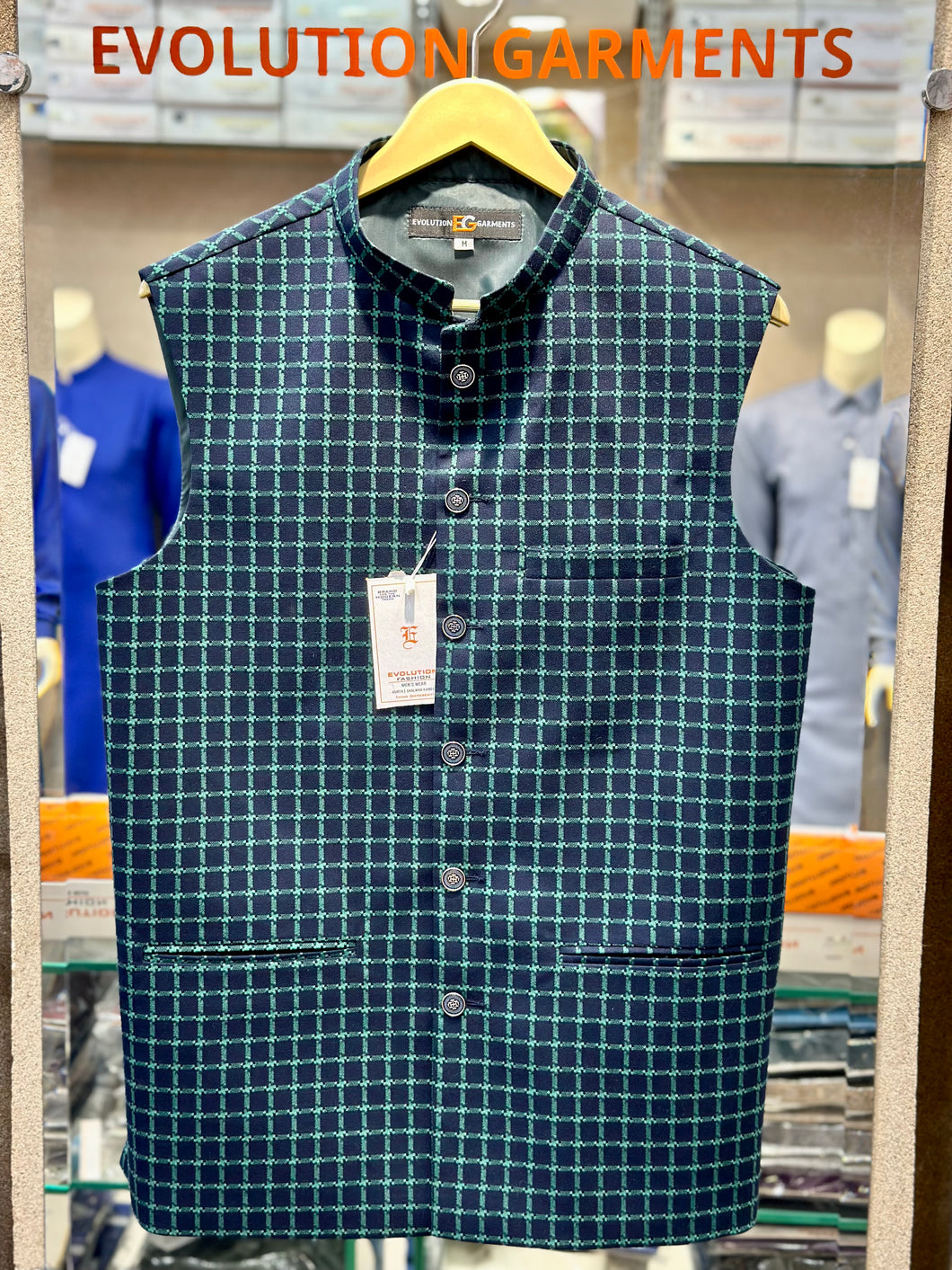 Green Check Navy Blue Waistcoat