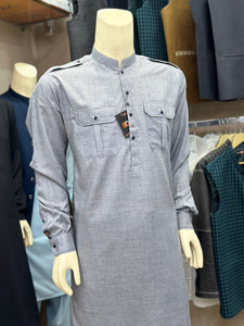 Double-Pocket Style Italic Grey Shalwar Kameez