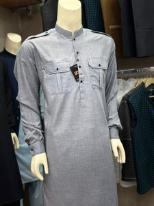 Double-Pocket Style Italic Grey Shalwar Kameez