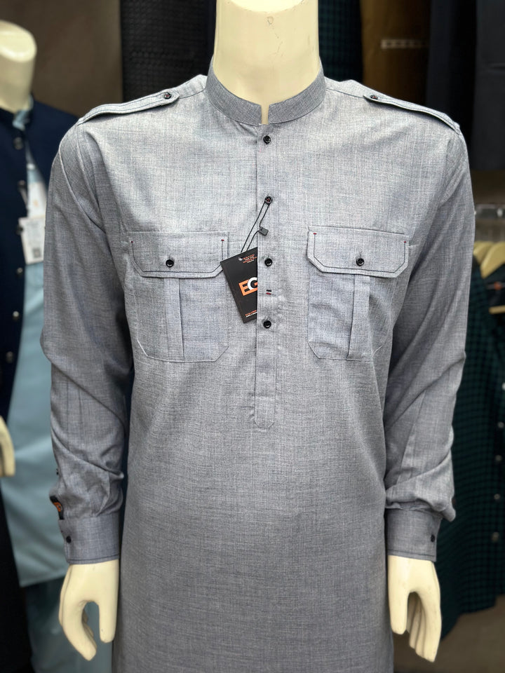 Double-Pocket Style Italic Grey Shalwar Kameez