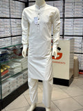 Elite White Cotton Designer Button - Sherwani Collar Kurta Pajama