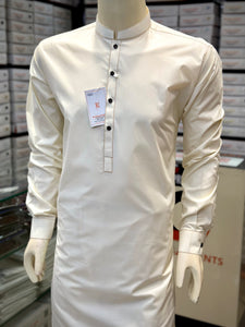 Elite White Cotton Designer Button - Sherwani Collar Kurta Pajama