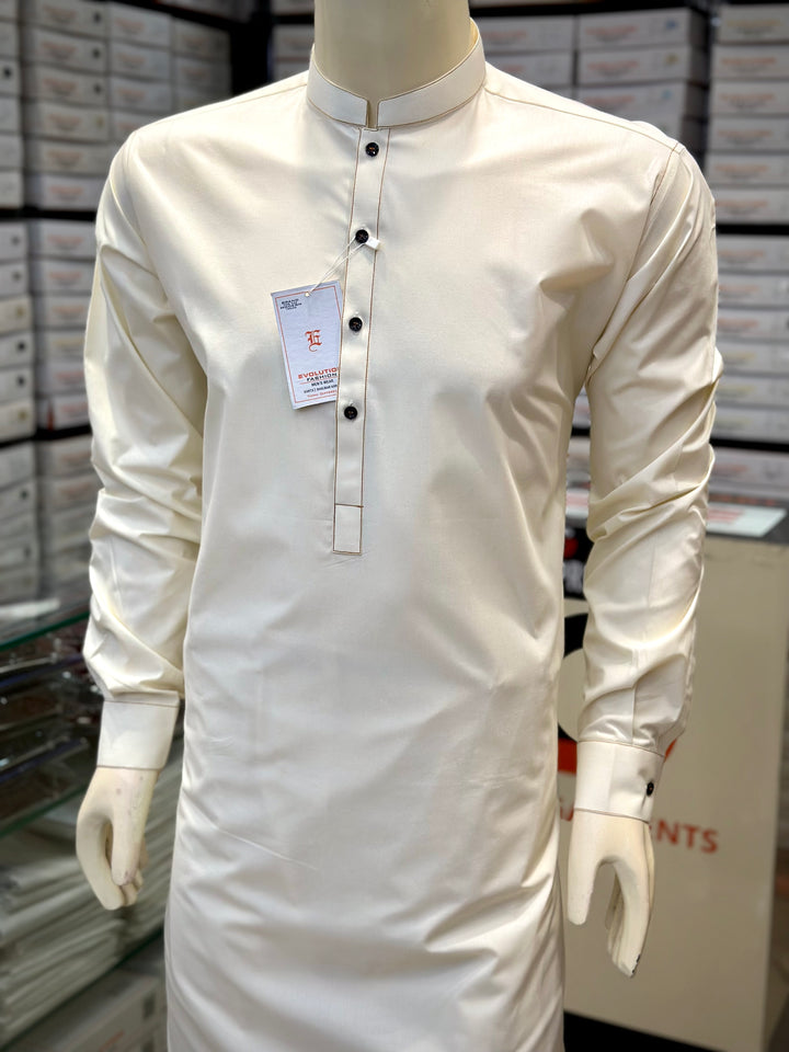 Elite White Cotton Designer Button - Sherwani Collar Kurta Pajama