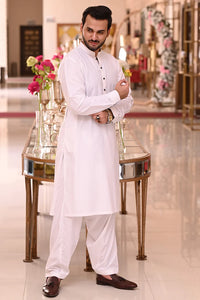 Royal White Cotton Black Button - Sherwani Collar Shalwar Kameez