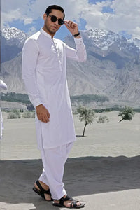 Royal White Cotton - Sherwani Collar Shalwar Kameez