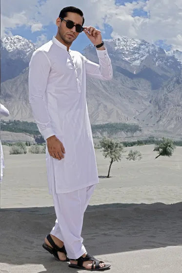 Royal White Cotton - Sherwani Collar Shalwar Kameez